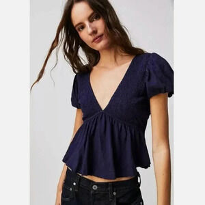 NEW Free People Charlotte Open Back V-Neck Peplum Blouse Navy Blue, Size XL